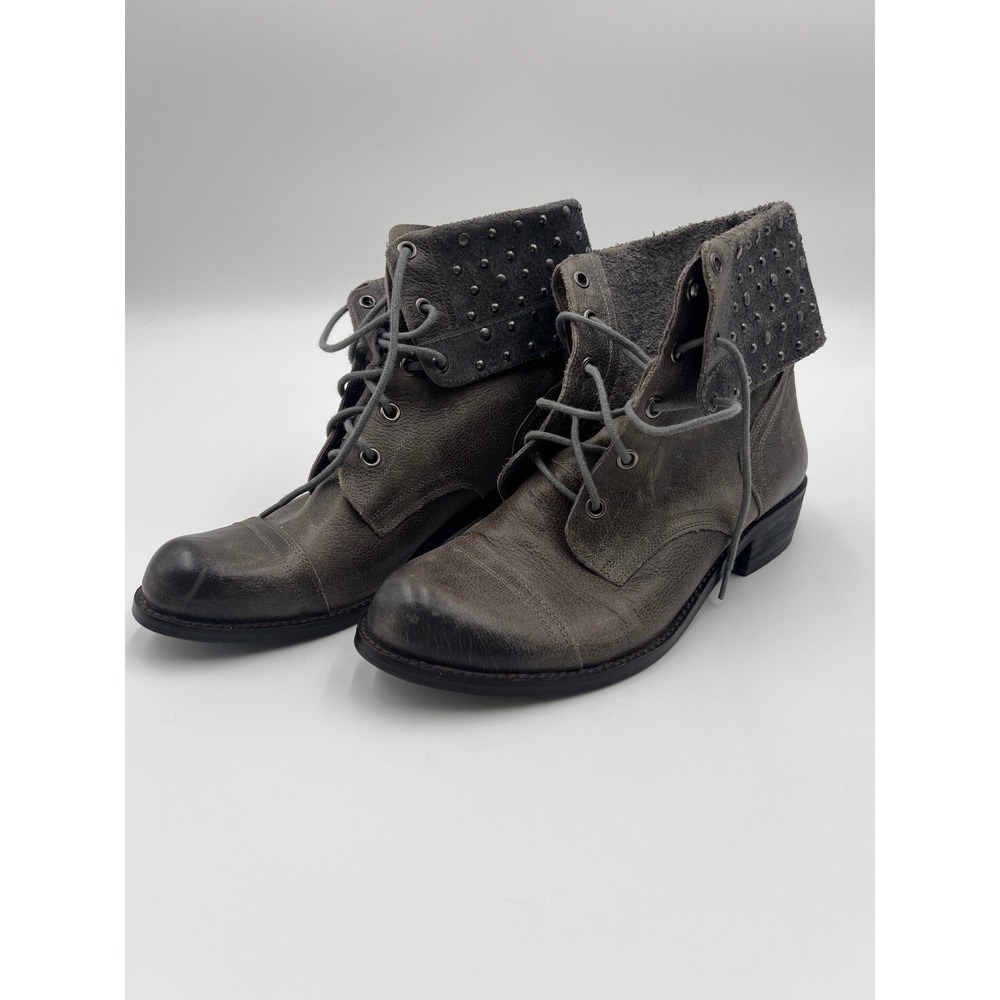 Gianni Bini Grey Leather Studded Fold Over Combat Boots Size 8M